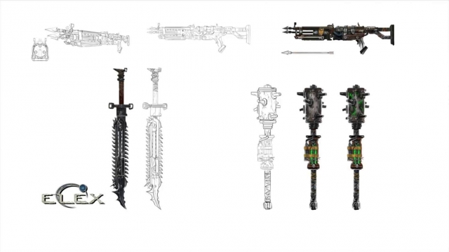 Ein Artdesign verschiedener Waffentypen: Kettenschwert (chainsword), Keule (mace), Harpune (speargun)